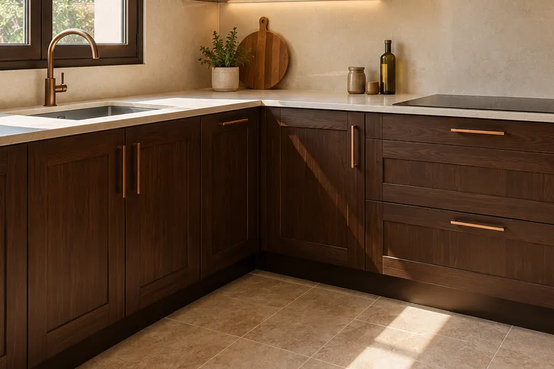 Visualización conceptual IA de cocina: Reformas de Rafael Benítez. Detalle de materiales y distribución.