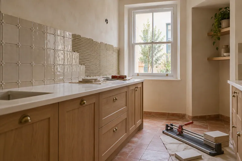 Visualización conceptual IA: Colocación de azulejos con separadores y adhesivo sobre una pared de cocina.