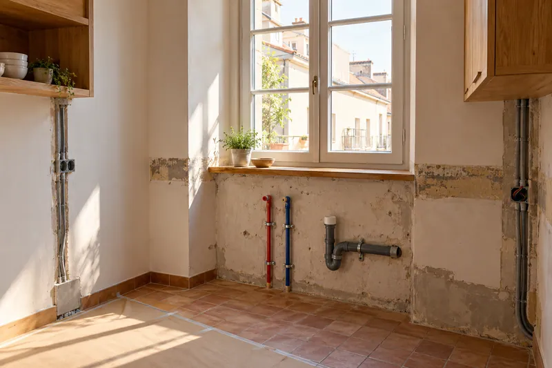 Visualización conceptual IA: Tuberías de suministro y desagüe durante la renovación de una cocina.