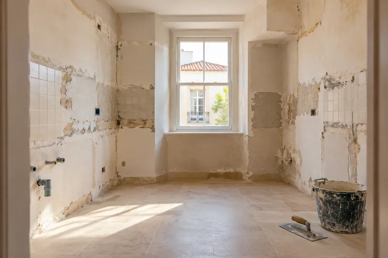 Visualización conceptual IA: Cocina sin muebles con paredes en preparación y zonas de enlucido.